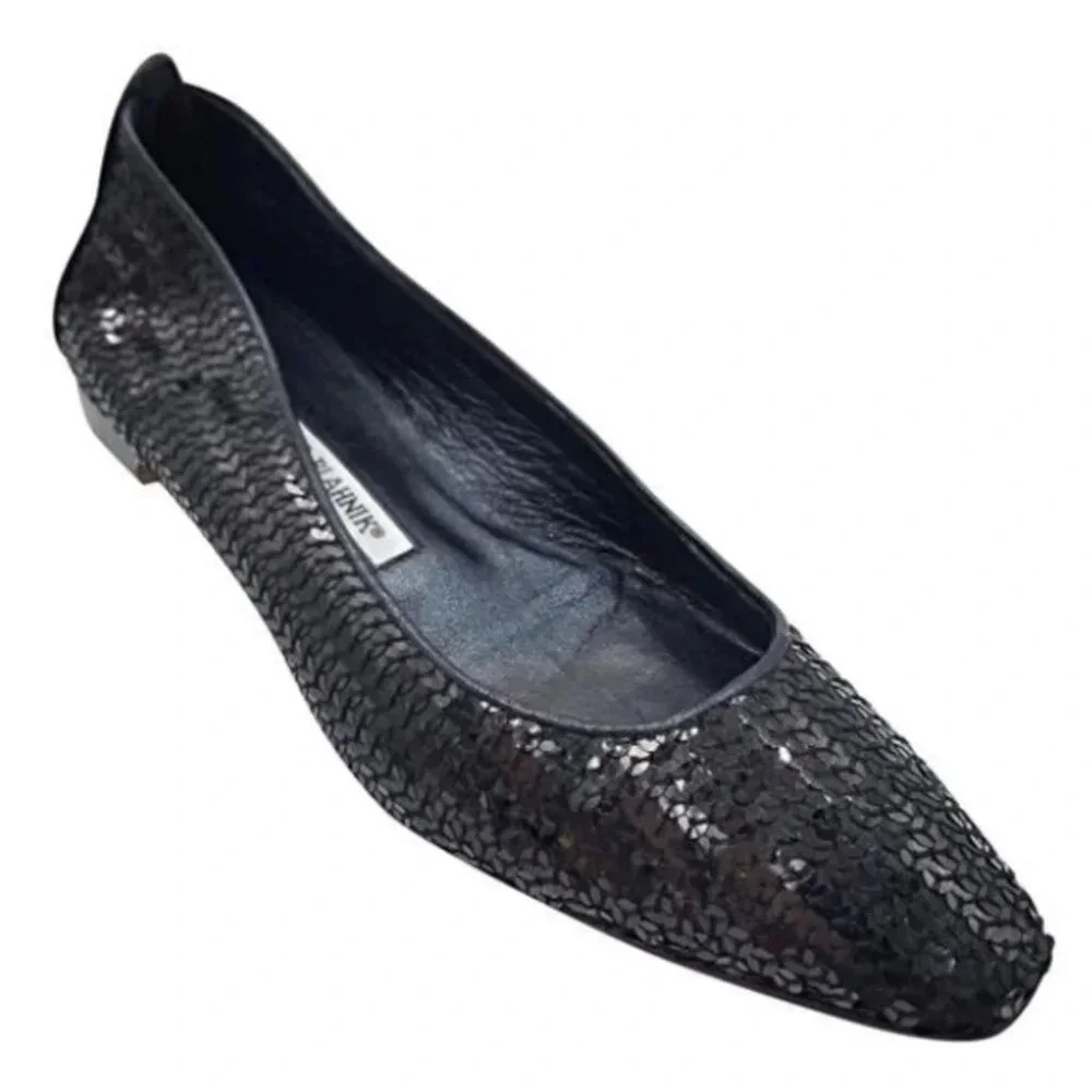 Manolo Blahnik Y2K Rare Vintage Black Sequin Ballet Flats Skimmers Shoes 39 8.5